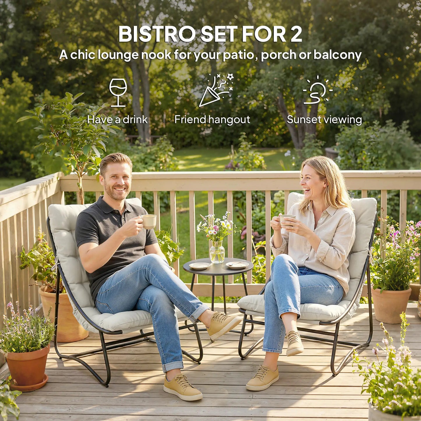 3 Piece Outdoor Bistro Set, Round Patio Table And Chairs, Light Grey