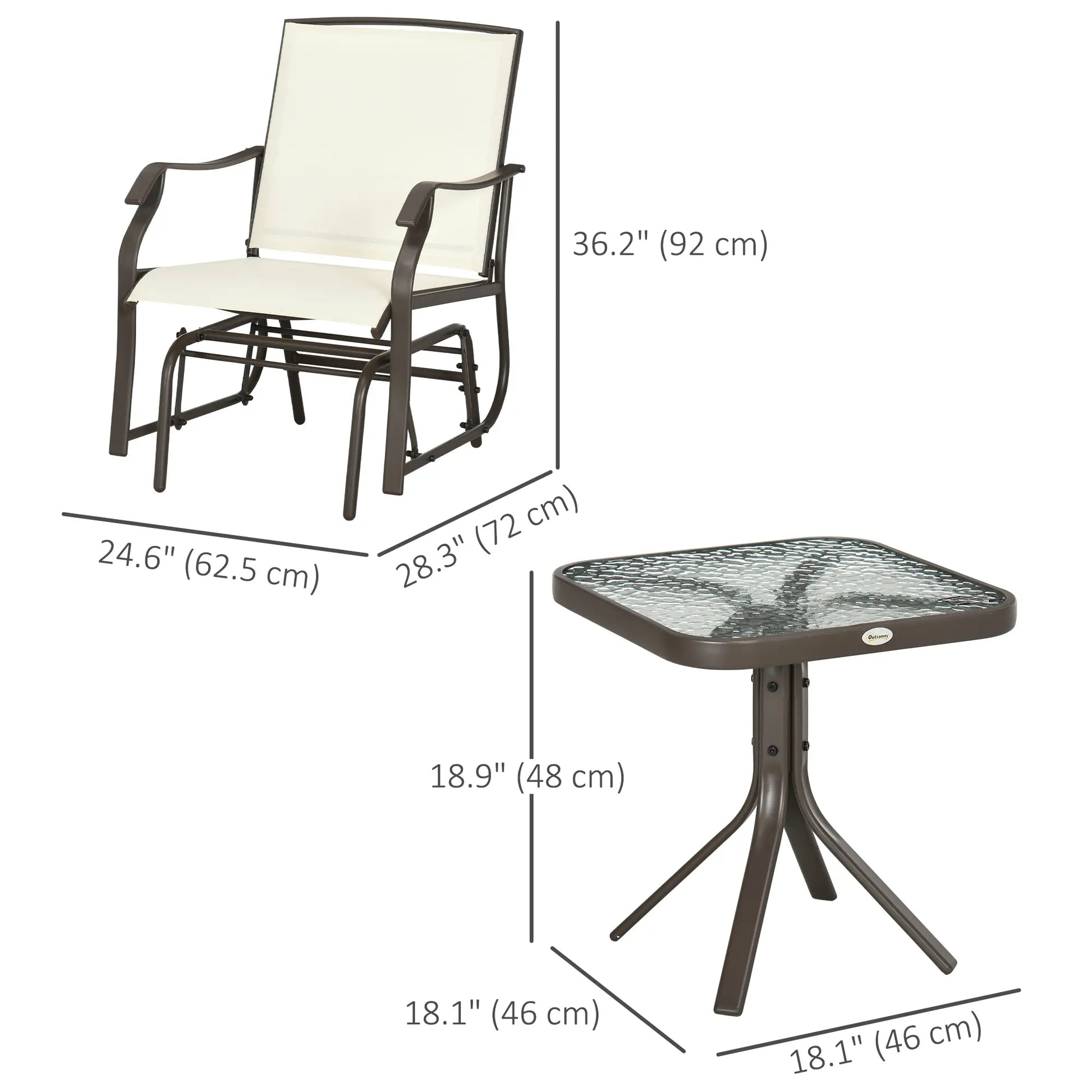 3 Piece Patio Glider Set, Breathable Mesh Seat, Glass Top Table, Cream White Outdoor Gliders at Gallery Canada