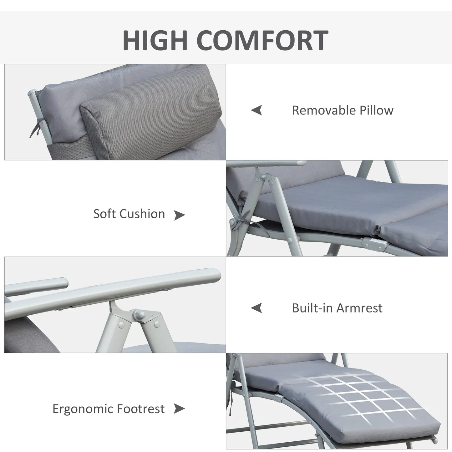 Outdoor Folding Chaise Lounge, Adjustable Backrest, Cushion, Headrest, Grey Lounger Chairs at Gallery Canada