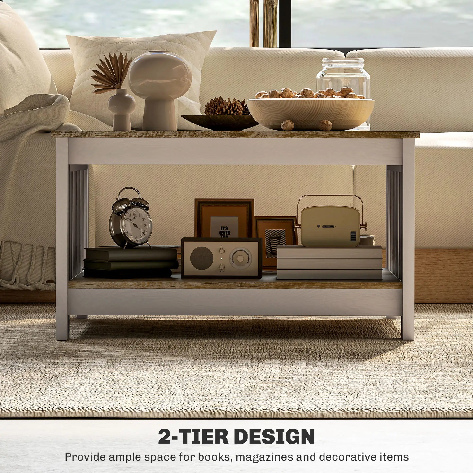 31.5" Square Coffee Table, Farmhouse 2-Tier, Distressed Oak Brown, Brown Coffee Tables at Gallery Canada