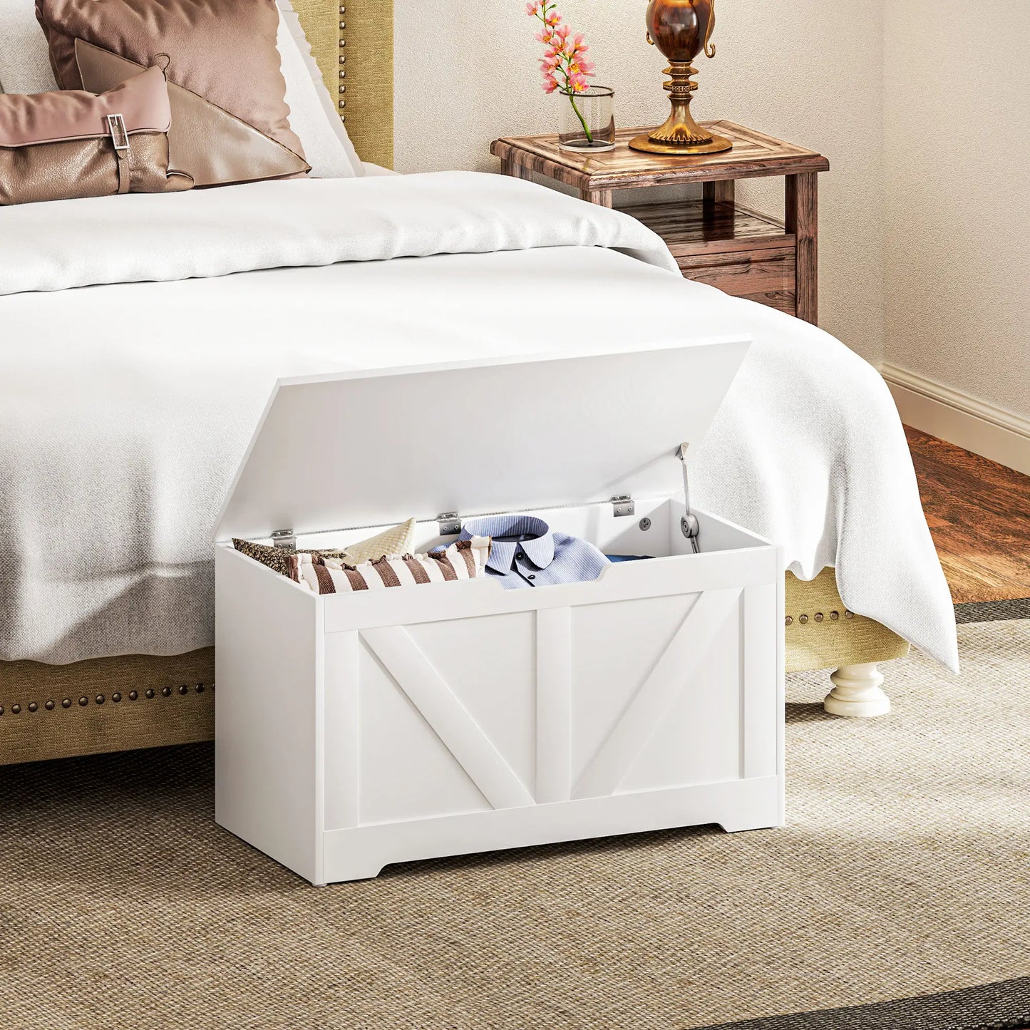 31.5 Inches Storage Chest, Storage Trunk with 2 Safety Hinges, Wooden Box for Living Room, White Wood Grain Storage Cabinets at Gallery Canada