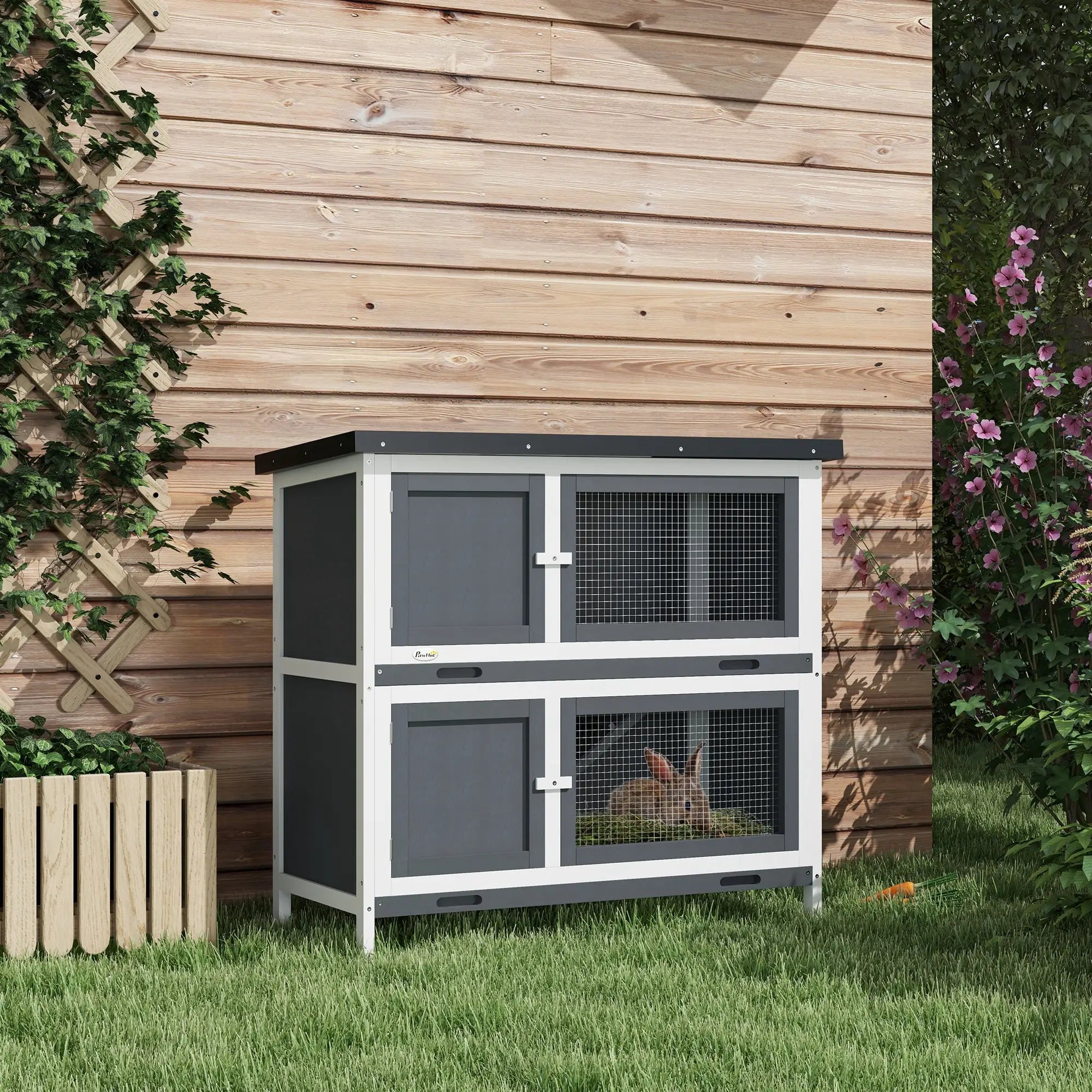 Wood Rabbit Hutch, 2 Large Main House, Ramp, Trays, Grey Rabbit Hutch at Gallery Canada