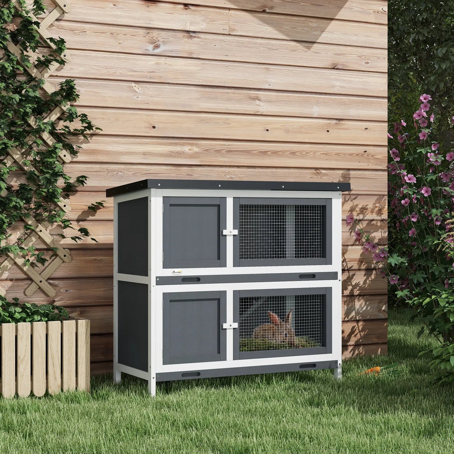 Wood Rabbit Hutch, 2 Large Main House, Ramp, Trays, Grey Rabbit Hutch at Gallery Canada