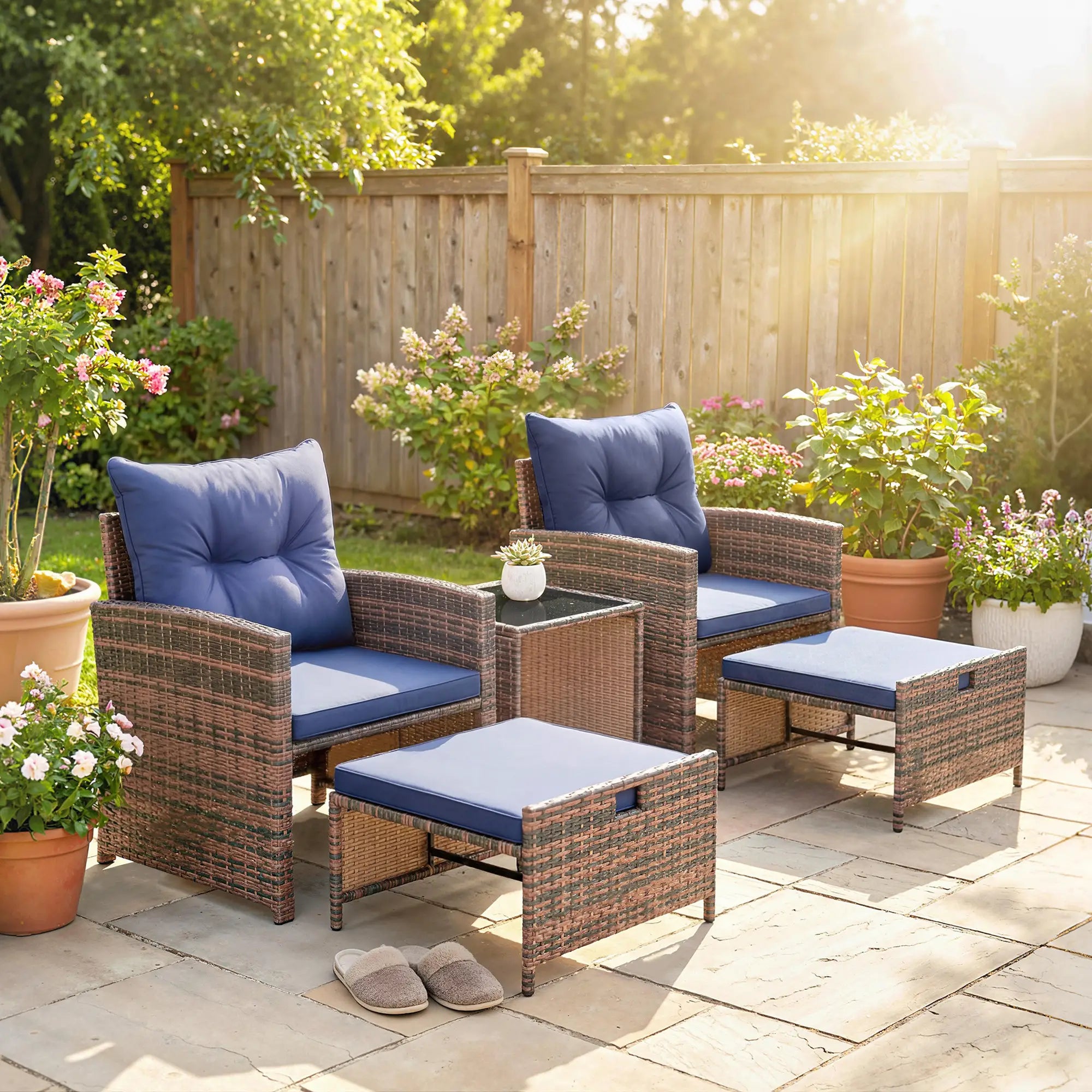 5 Piece Patio Set, Wicker Chairs With Ottomans, Glass Coffee Table, Brown/Dark Blue Patio Furniture Sets at Gallery Canada
