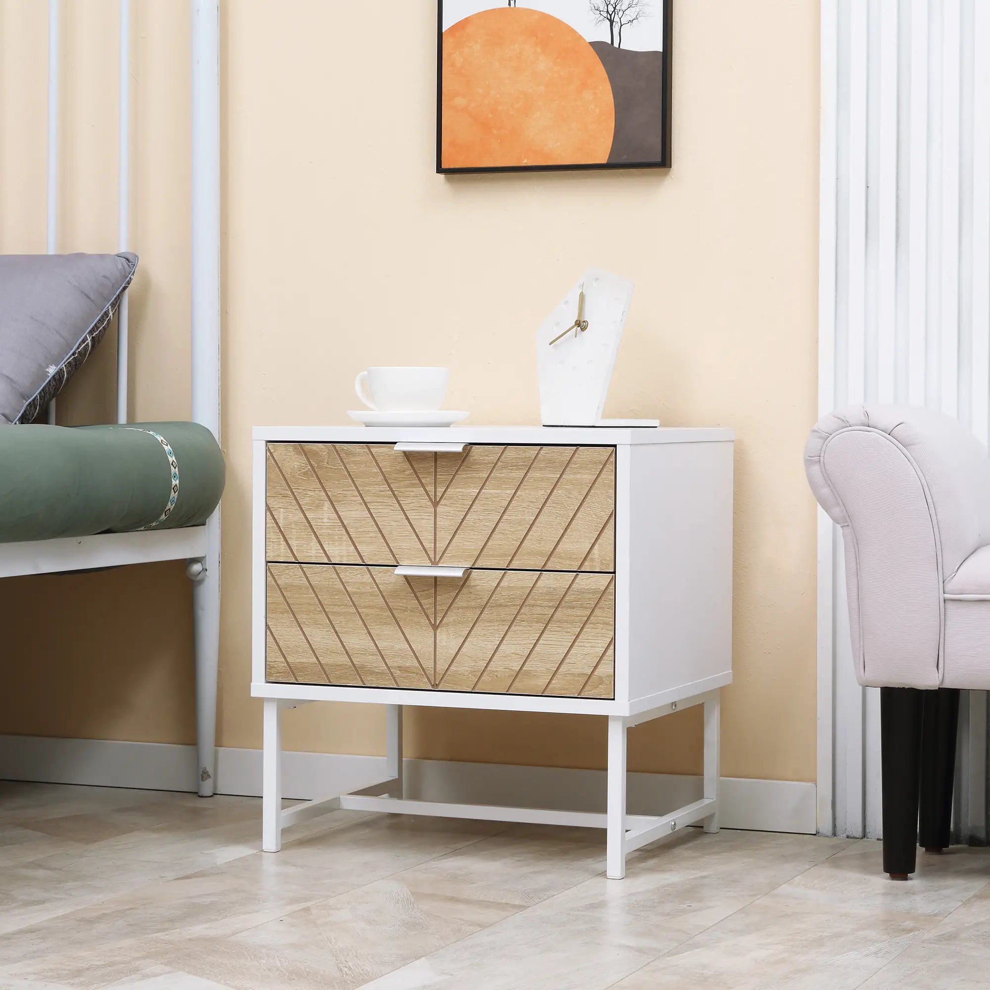 Modern Bedside Table, 2 Drawers, Steel Frame, Oak, White Bedside Tables at Gallery Canada