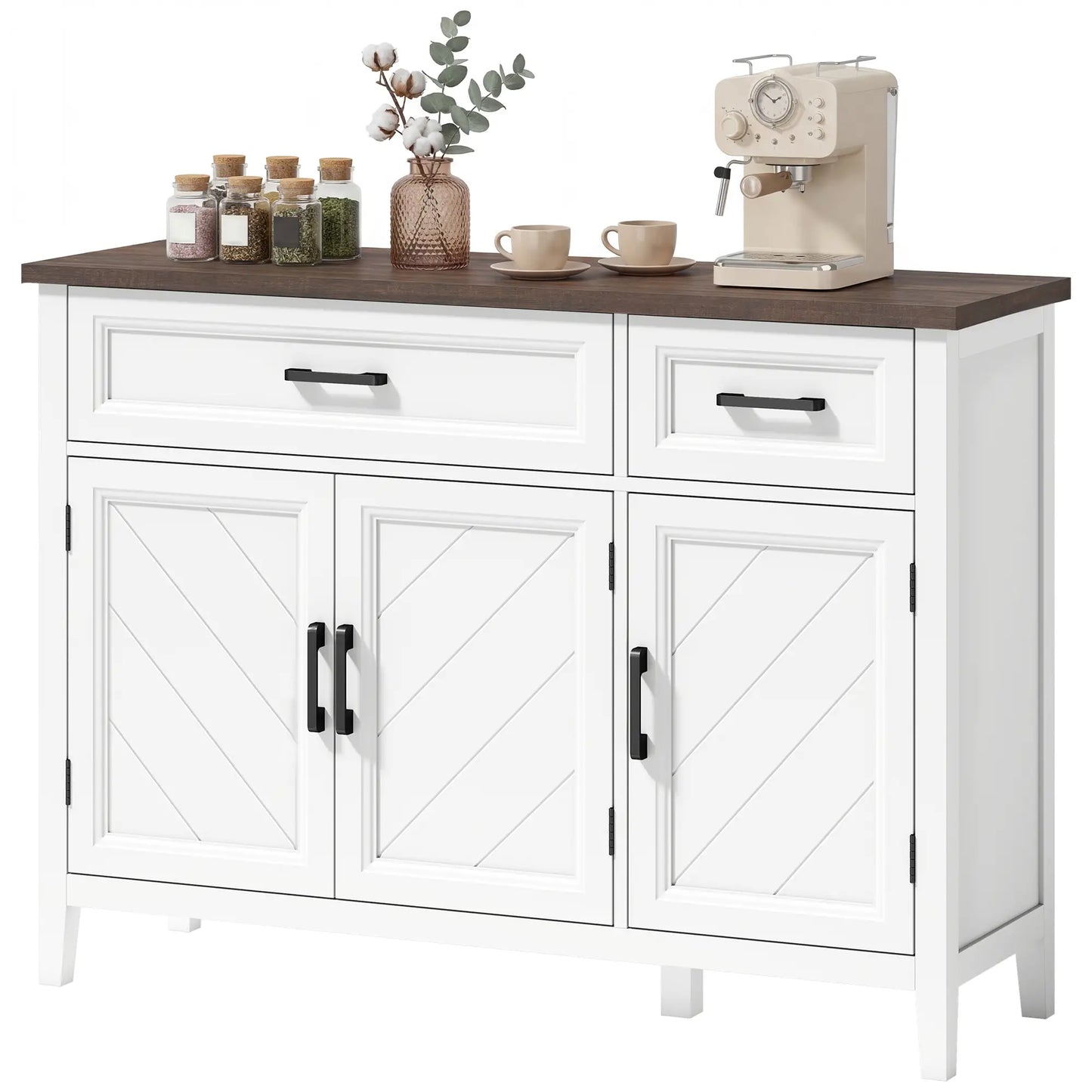 44" Farmhouse Sideboard Buffet Cabinet, 3 Chevron Doors, 2 Drawers, White Storage Cabinets White, Brown Wood Grain at Gallery Canada