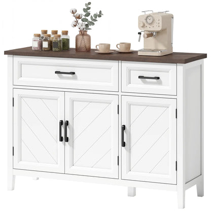 44" Farmhouse Sideboard Buffet Cabinet, 3 Chevron Doors, 2 Drawers, White Storage Cabinets White, Brown Wood Grain at Gallery Canada