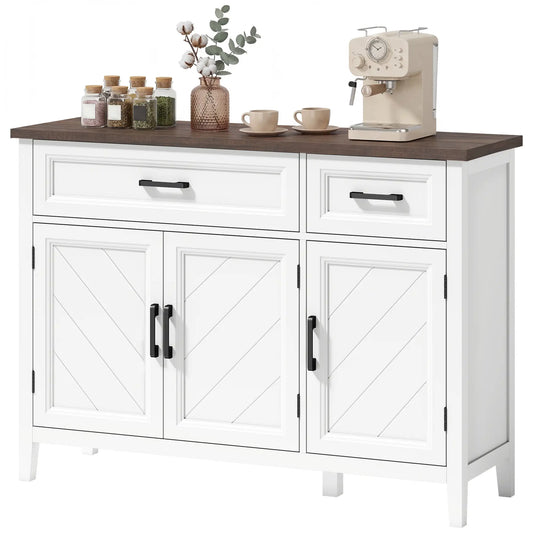 44" Farmhouse Sideboard Buffet Cabinet, 3 Chevron Doors, 2 Drawers, White Storage Cabinets White, Brown Wood Grain at Gallery Canada