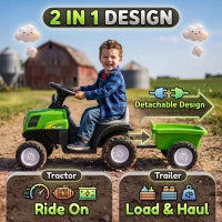 Tracteur pour enfants, véhicule électrique 6V avec remorque détachable, vert