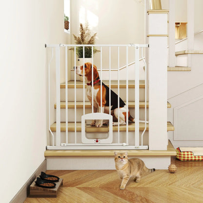 29.5-33.5" Adjustable Dog Gate with Cat Door, White
