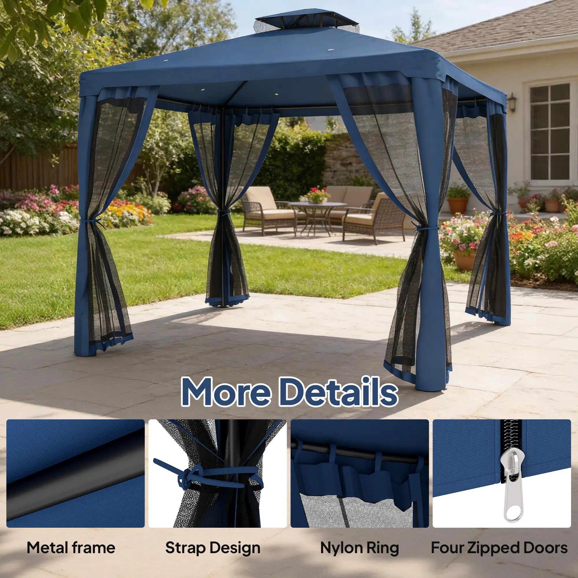 9.6' x 9.6' Patio Gazebo, Steel Frame, Mosquito Netting, Dark Blue Gazebos at Gallery Canada