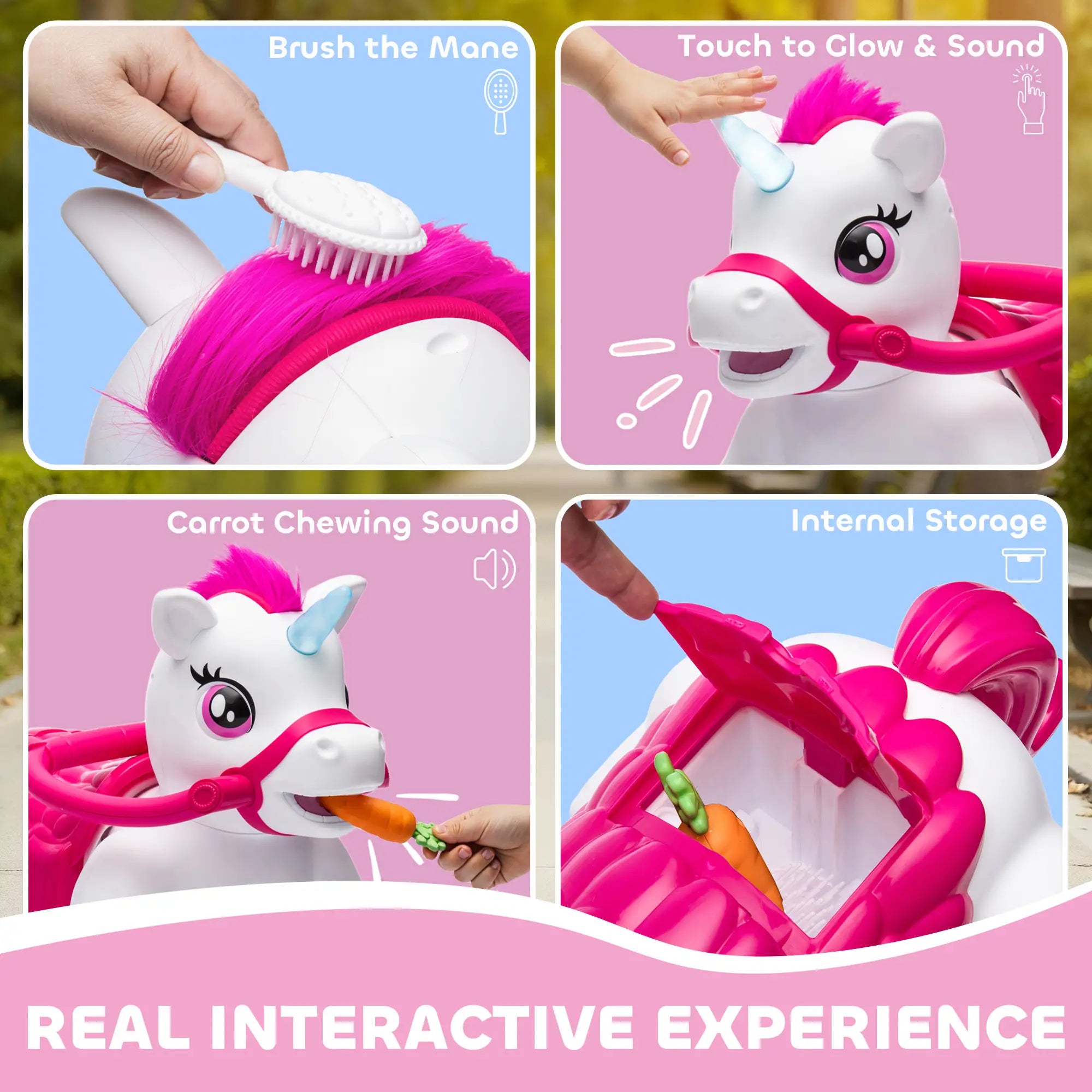 12V Unicorn Ride on Toy, Battery Powered, Carrot Toy, Comb, Animal Sounds Rocking Horses at Gallery Canada