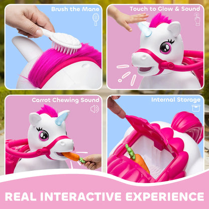 12V Unicorn Ride on Toy, Battery Powered, Carrot Toy, Comb, Animal Sounds Rocking Horses at Gallery Canada