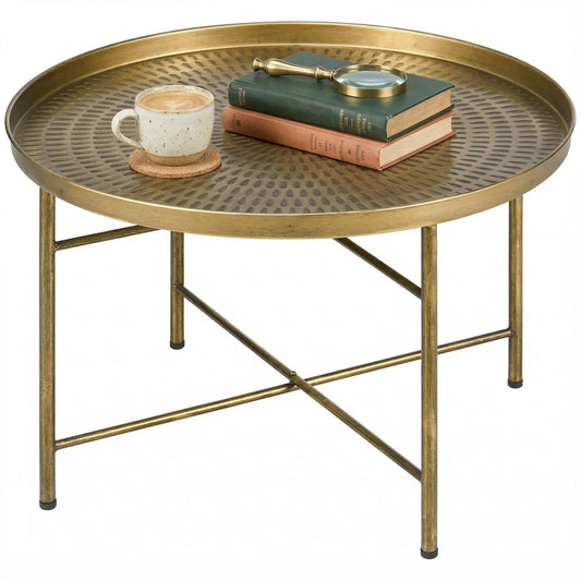 Vintage Coffee Table for Living Room, 24" Round Center Table with Hammered Tray Top and Metal Frame, Gold Coffee Tables Gold at Gallery Canada
