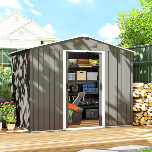8' x 6' Metal Storage Shed, Lockable Doors, Vents, Light Grey