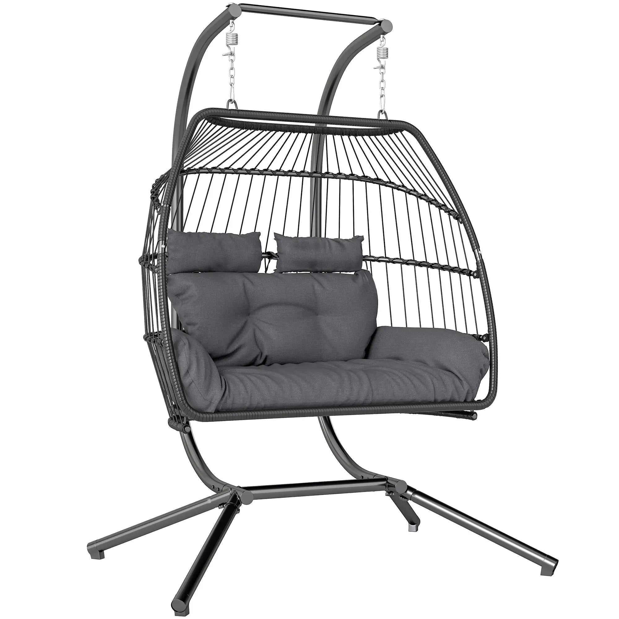 Double Wicker Egg Swing Chair, Foldable with Stand, UV Resistant Cushion, Headrest, Dark Grey Patio Swings with Stand at Gallery Canada