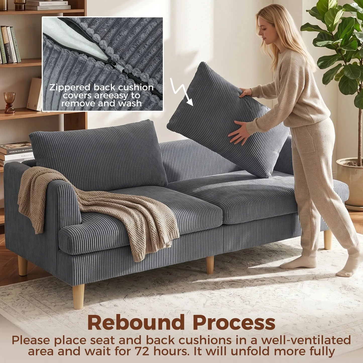 3 Seater Sofa, 74" Corduroy Couch, Solid Wood Legs, Dark Grey 3-Seater Sofas at Gallery Canada