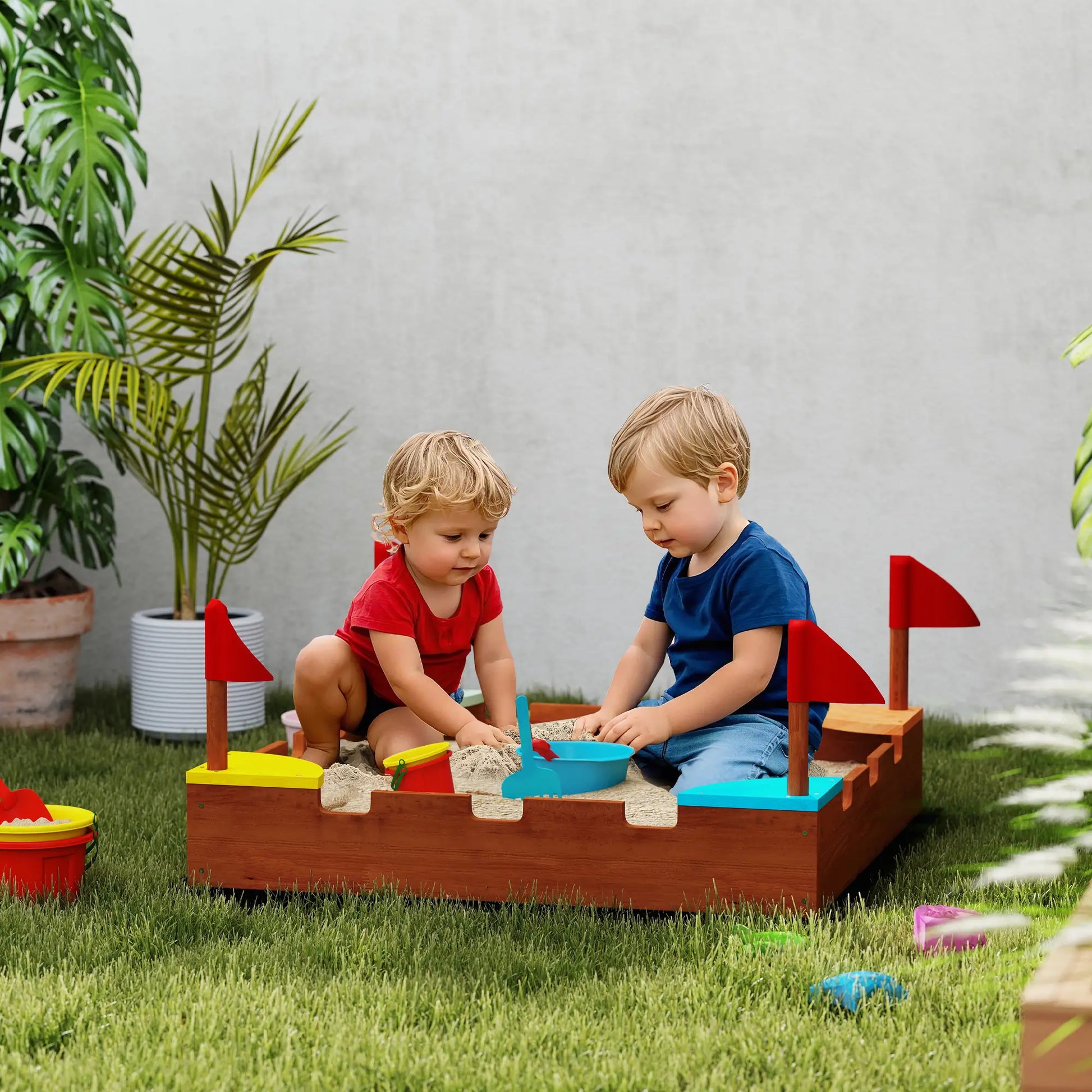 Kids Wooden Sandbox, 4 Colorful Seats, Ground Liner, Brown Sandboxes & Accessories at Gallery Canada