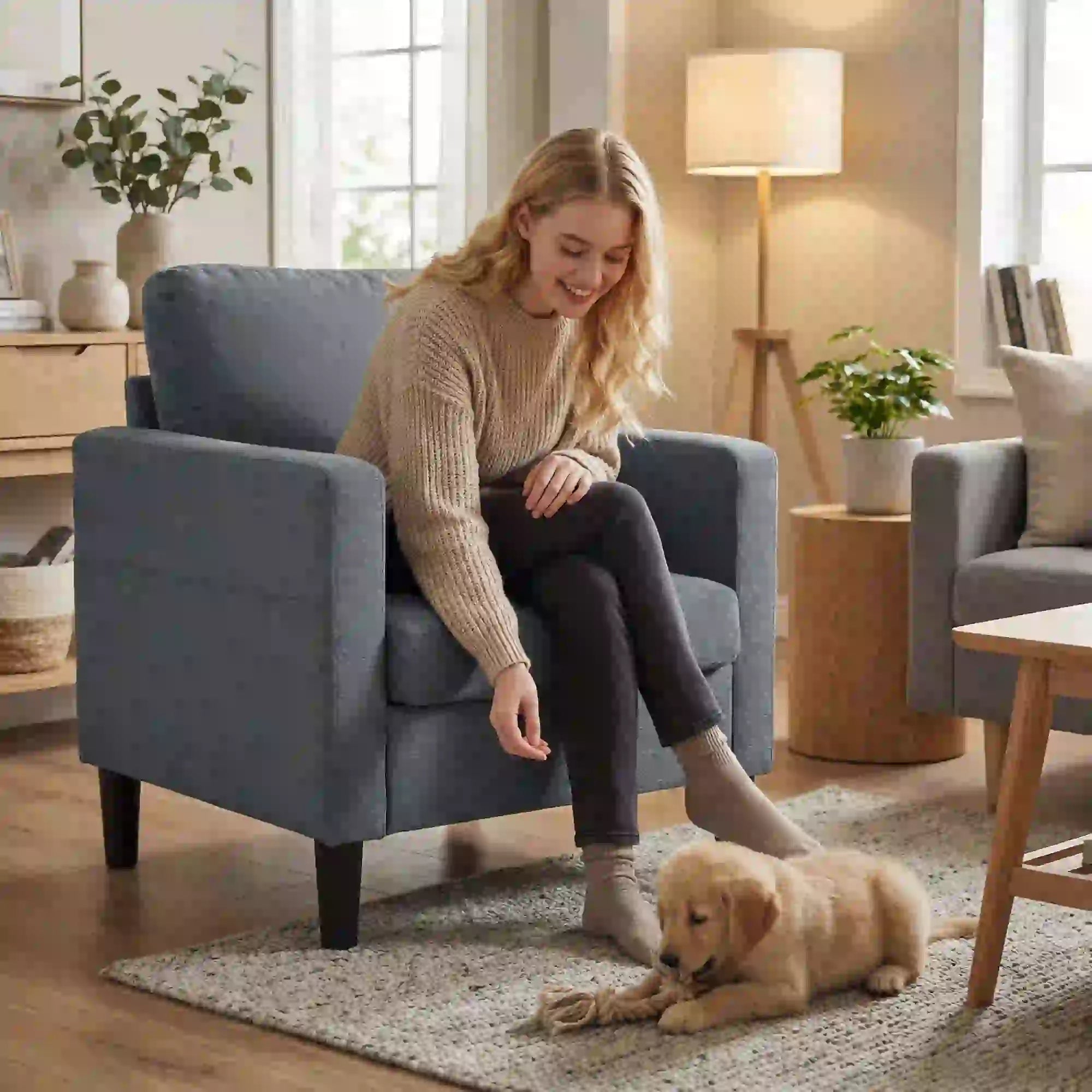 Modern Upholstered Accent Chair, Thick Padded Seat, Dark Grey Accent Chairs at Gallery Canada