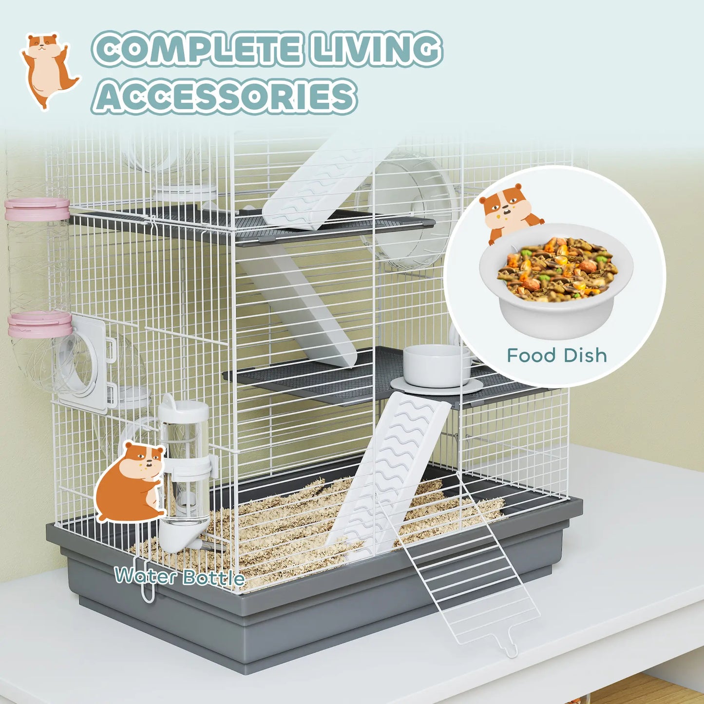 4-Level Large Hamster Cage, DIY Tubes, Water Bottle, Food Dish, Hut, Exercise Wheels, Grey Hamster Cages at Gallery Canada