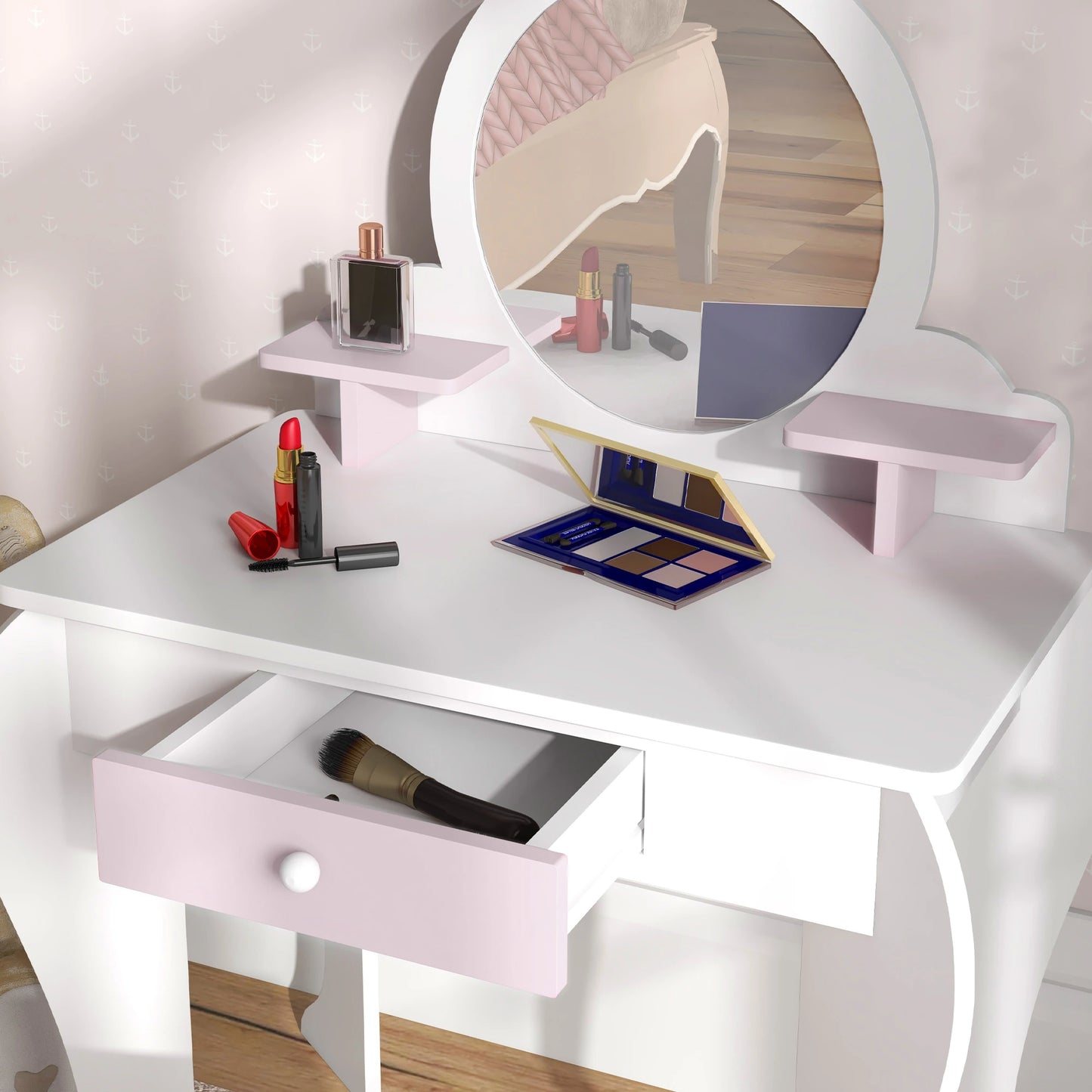 Kids Makeup Vanity Set with Stool, Mirror, Drawer, White Toy Vanity at Gallery Canada