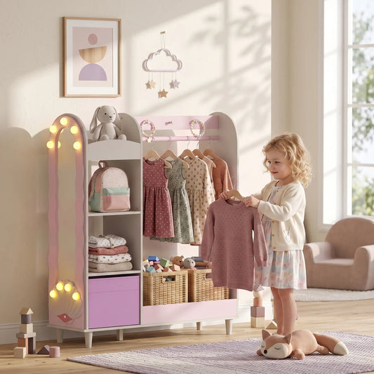 Kids Clothing Rack with Mirror, Drawer & Shelves, Pink Kids Bedroom Furniture Pink at Gallery Canada