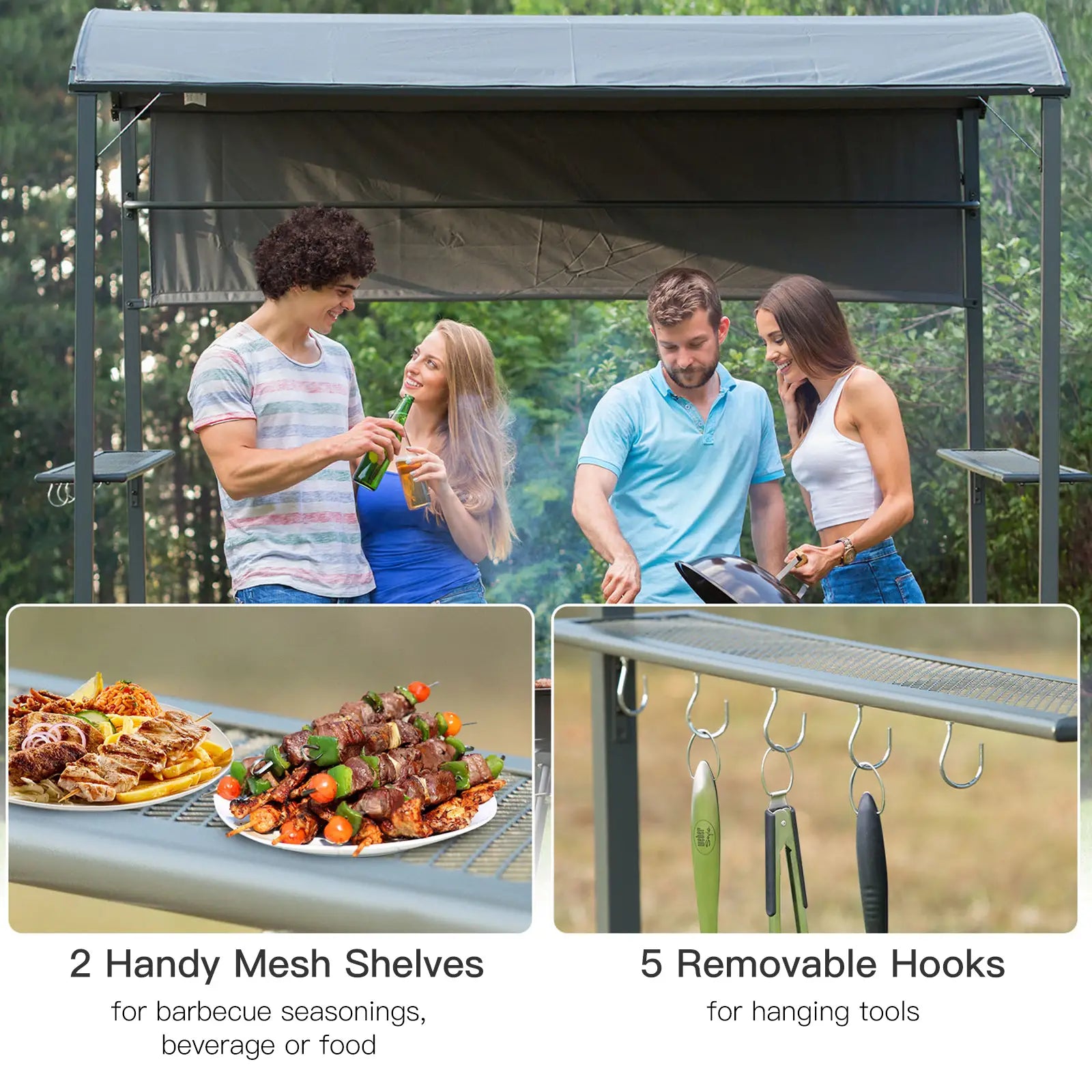 7x4.5ft Outdoor BBQ Gazebo, Metal Frame, With Side Awning, Shelves, Hooks, Grey BBQ Grill Gazebos at Gallery Canada