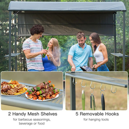 7x4.5ft Outdoor BBQ Gazebo, Metal Frame, With Side Awning, Shelves, Hooks, Grey BBQ Grill Gazebos at Gallery Canada