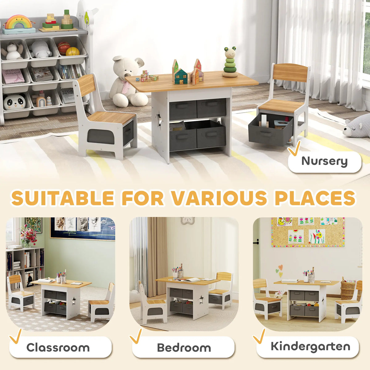 3 Piece Kids Table and Chair Set, 6 Removable Drawers, Natural Kids Table Sets at Gallery Canada