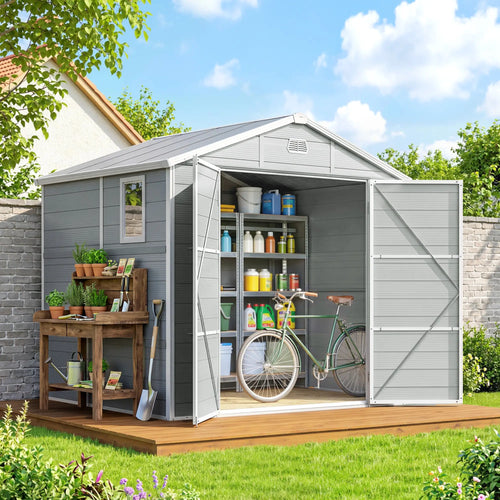 8' x 6' Plastic Garden Storage Shed, Light Grey