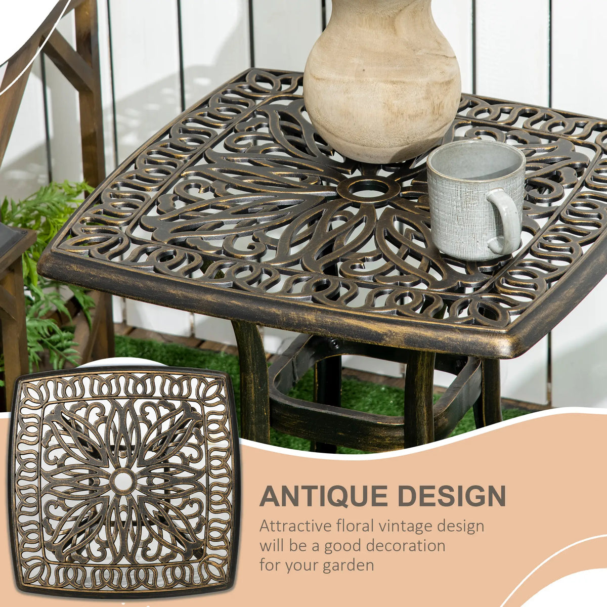 Table d'appoint extérieure en aluminium, 21" carré, trou pour parapluie, bronze