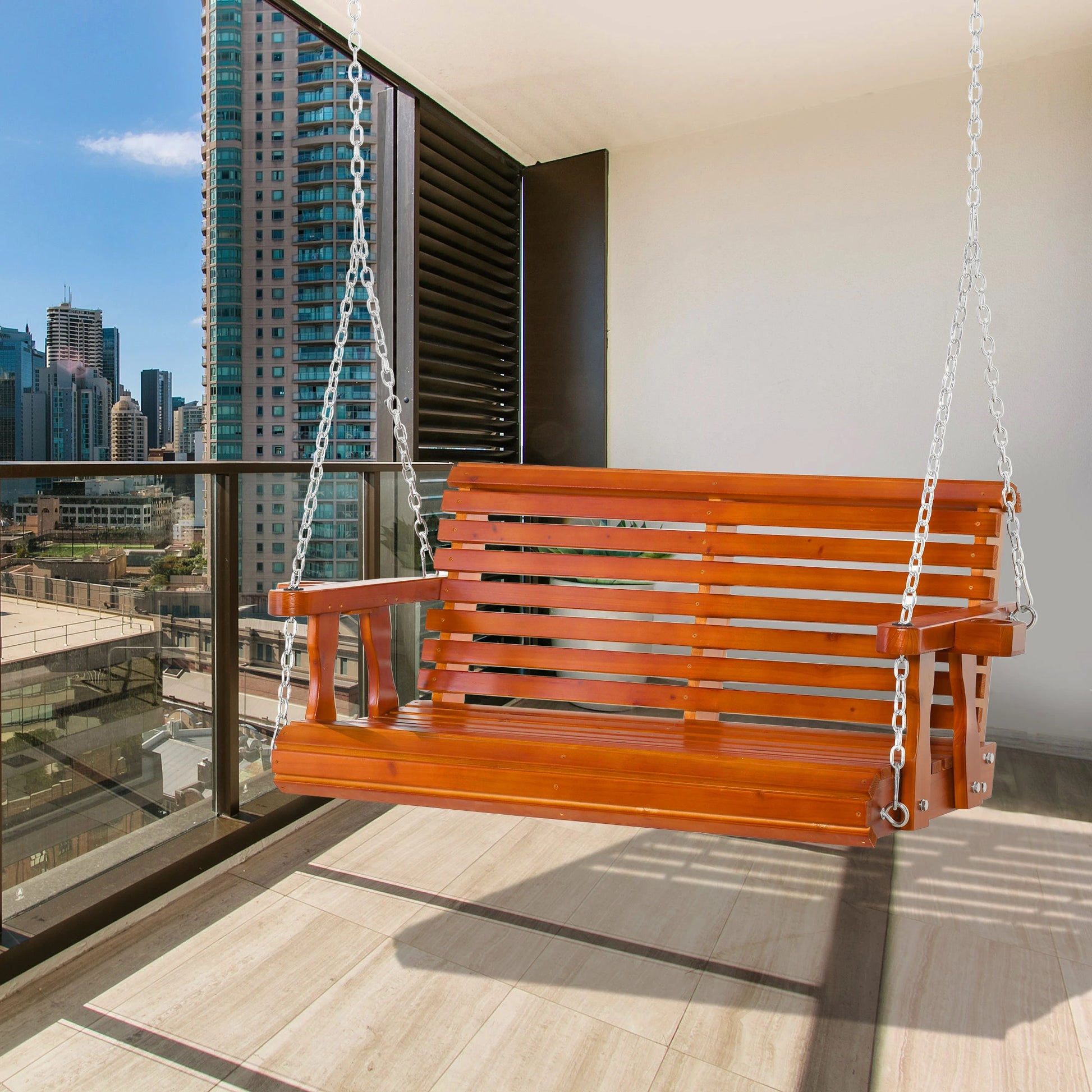 2 Seater Wooden Porch Swing, Patio Chair with Cup Holder, Brown Hanging Porch Swings at Gallery Canada