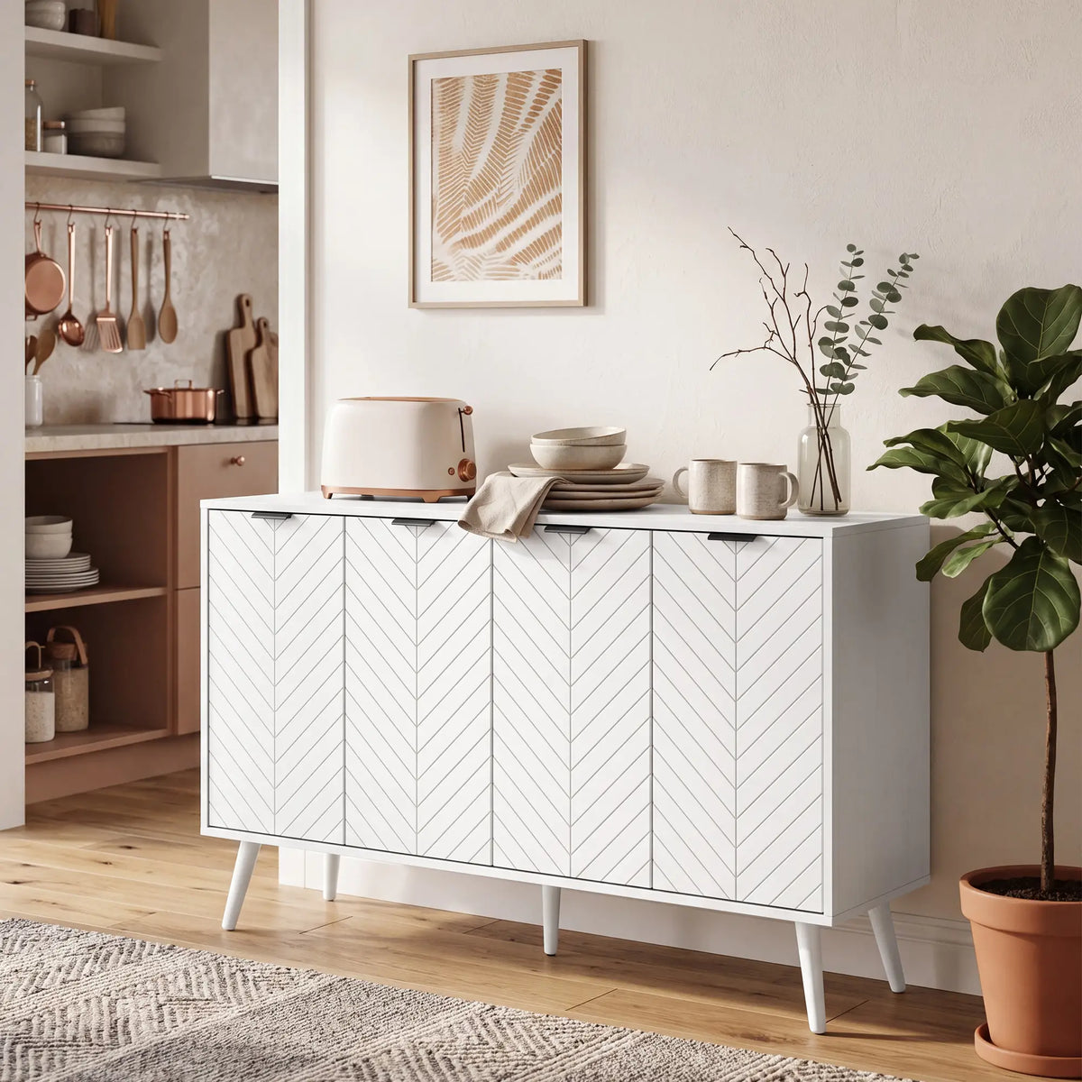 Modern Sideboard and Buffet, Dining Room Cabinet with Adjustable Shelves and 4 Doors, White Storage Cabinets at Gallery Canada