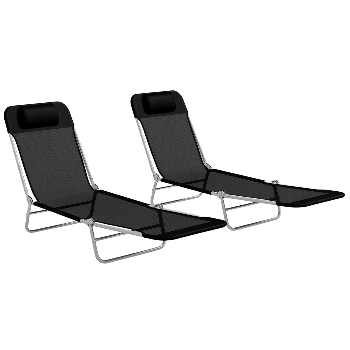 Folding Outdoor Lounge Chair Set, 2 Reclining Tanning Chairs, 5-Position Adjustable Backrest, Black