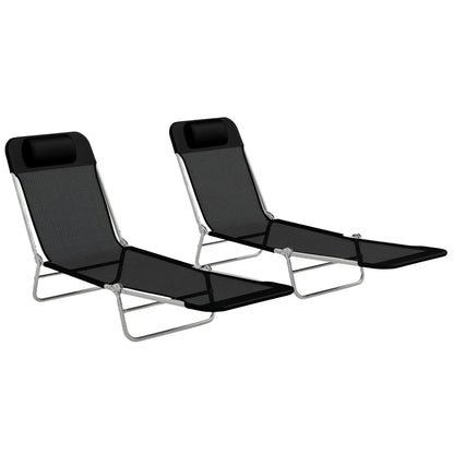 Folding Outdoor Lounge Chair Set, 2 Reclining Tanning Chairs, 5-Position Adjustable Backrest, Black