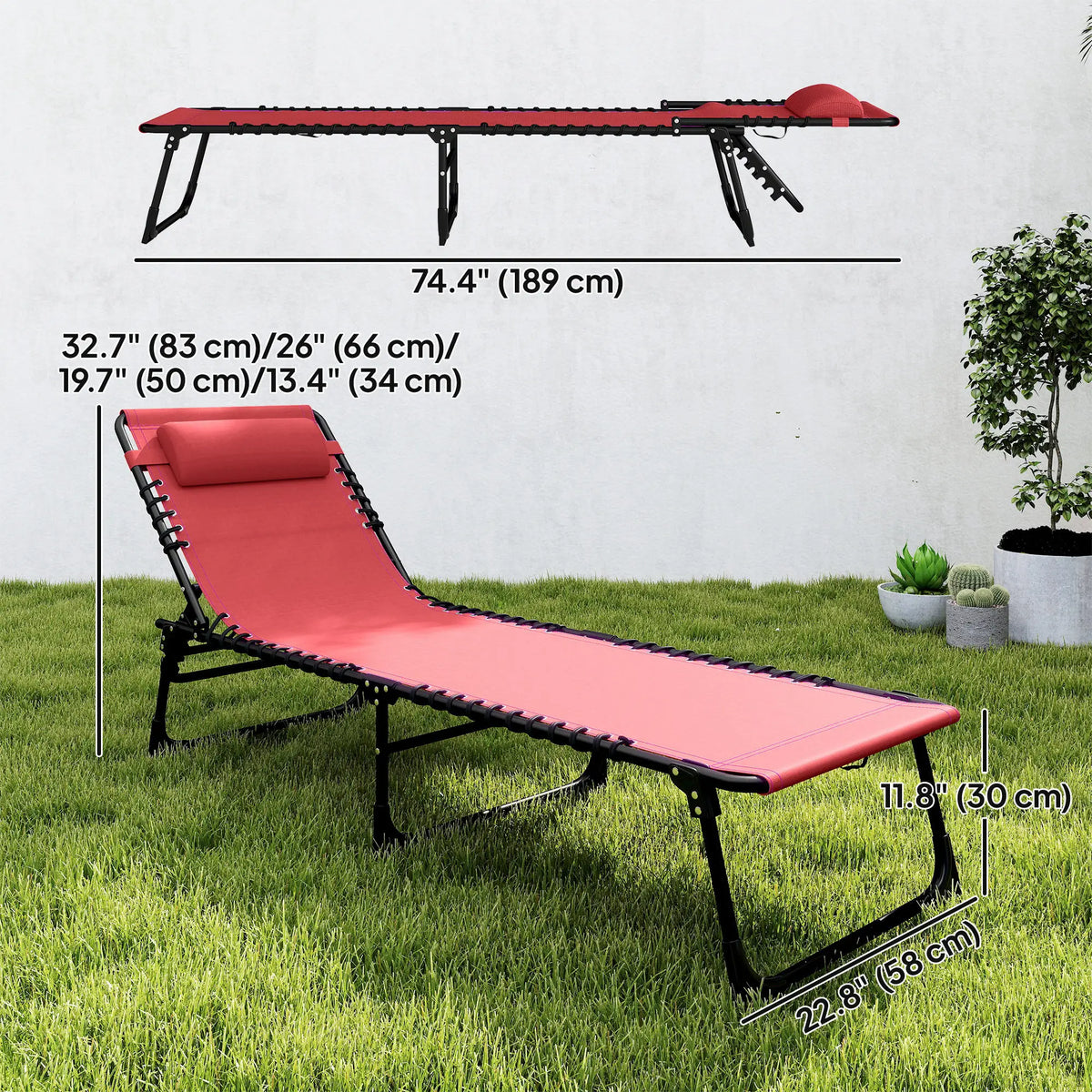 Folding Lounge Chair, Adjustable Chaise With Headrest, Reclining Cot, Wine Red Lounger Chairs at Gallery Canada