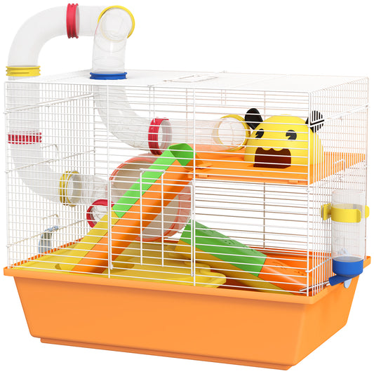 3 Tiers Hamster Cage for Gerbil, Dwarf Hamster with Tunnels, Water Bottle, Exercise Wheel, 18" x 11" x 15" - Orange