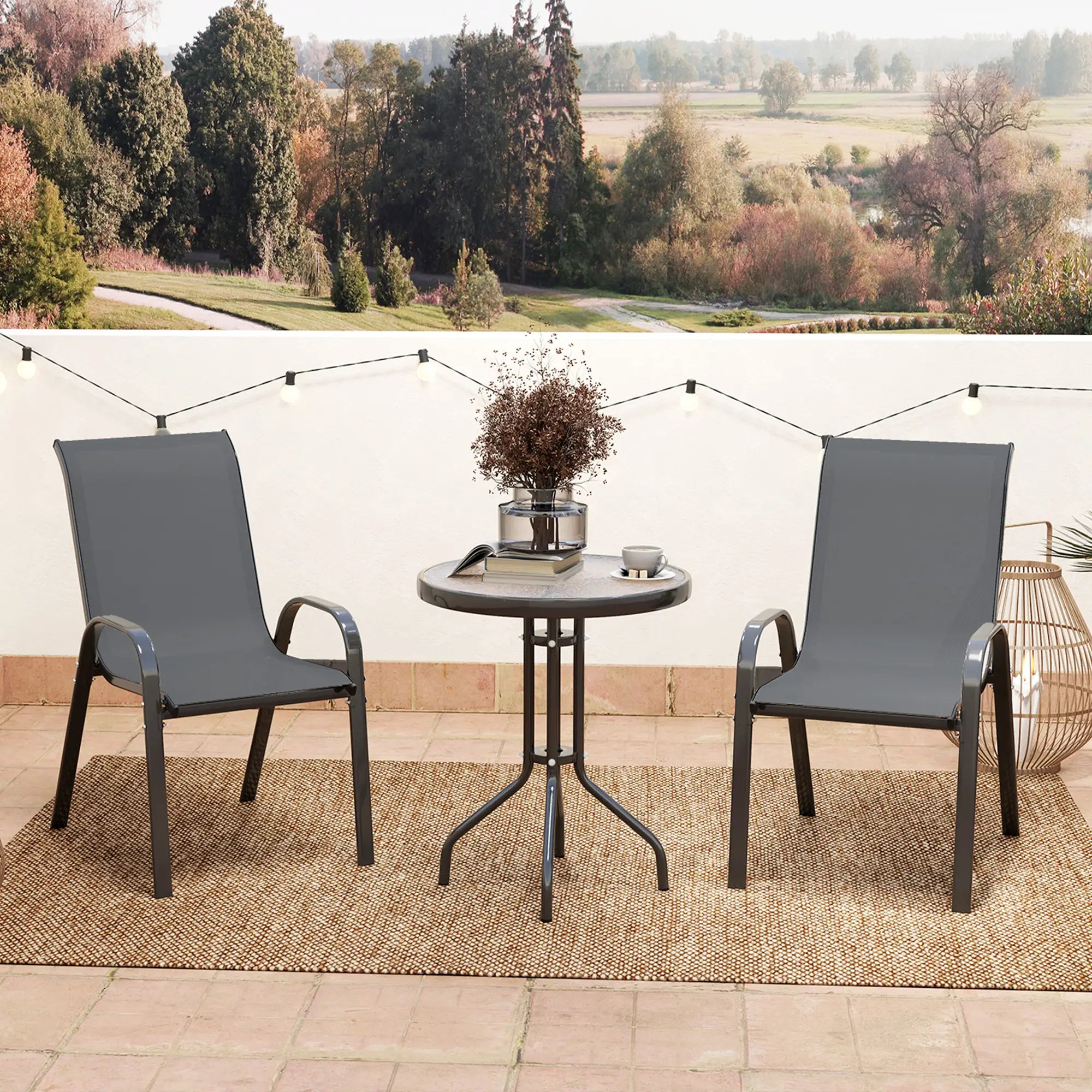 3 Piece Bistro Set, Stackable Mesh Chairs, Glass Table, Dark Grey Bistro Sets at Gallery Canada