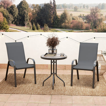 3 Piece Bistro Set, Stackable Mesh Chairs, Glass Table, Dark Grey Bistro Sets at Gallery Canada