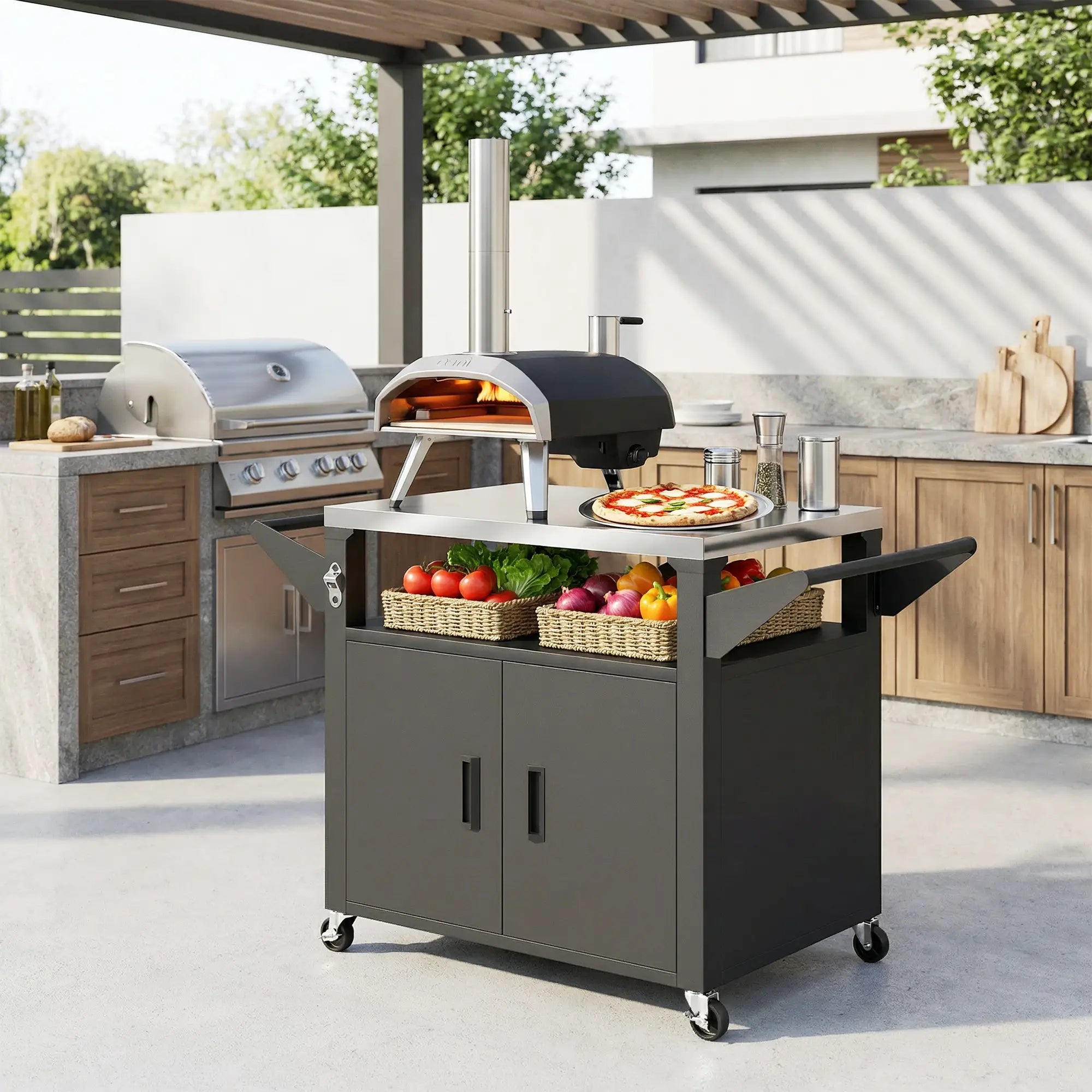 Outdoor Grill Cart, Stainless Steel Tabletop, 3-Shelf Pizza Oven Stand, Storage Cabinet, Wheels, Black Outdoor Grill Carts at Gallery Canada