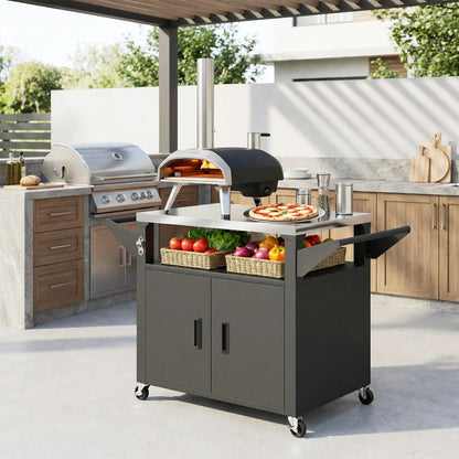 Outdoor Grill Cart, Stainless Steel Tabletop, 3-Shelf Pizza Oven Stand, Storage Cabinet, Wheels, Black Outdoor Grill Carts at Gallery Canada