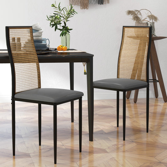 Dining Chairs Set of 2, Boho Kitchen Chairs with Rattan Back, PU Leather Upholstered Seat and Steel Legs for Dining Room, Bedroom, Grey - Gallery Canada