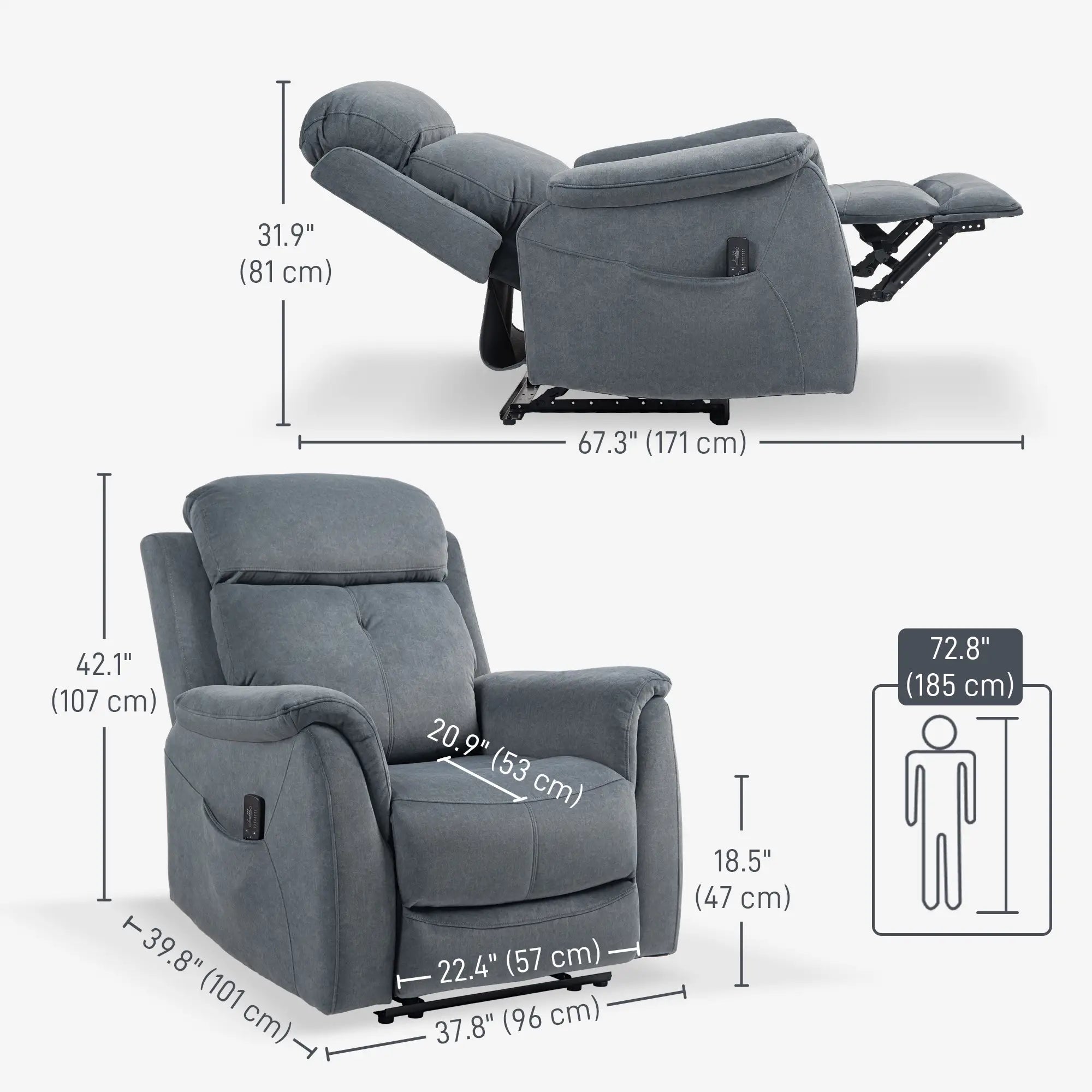 Manual Recliner Chair with Vibration Massage, Reclining Chair for Living Room with Side Pockets, Dark Grey Sofas & Reclining Chairs at Gallery Canada