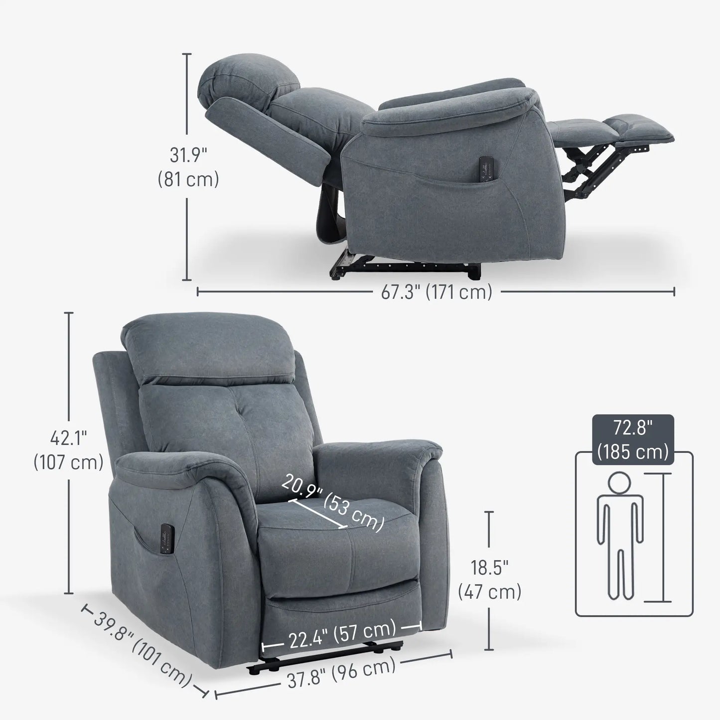 Manual Recliner Chair with Vibration Massage, Reclining Chair for Living Room with Side Pockets, Dark Grey Sofas & Reclining Chairs at Gallery Canada