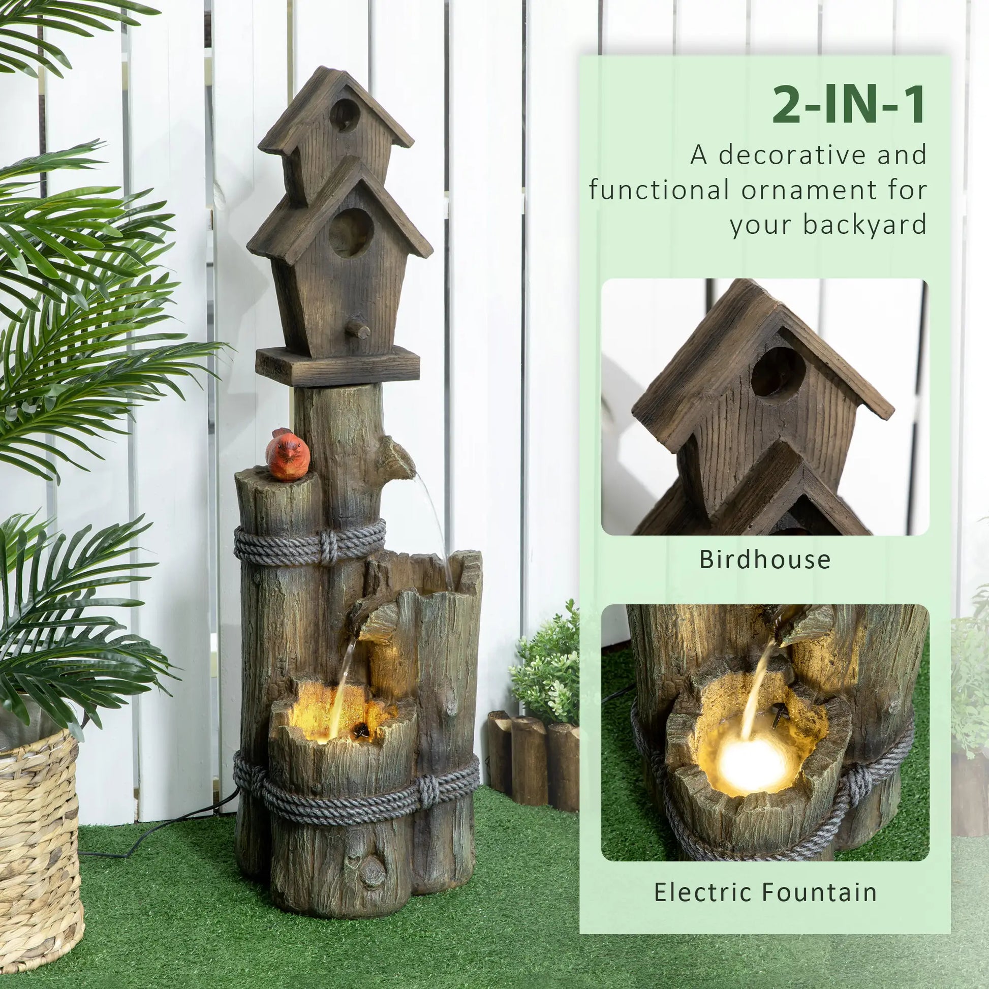 Outdoor Fountain, Garden Waterfall with Birdhouse, 3-Tier Tree Trunk, LED Lights, Brown Water Fountains at Gallery Canada