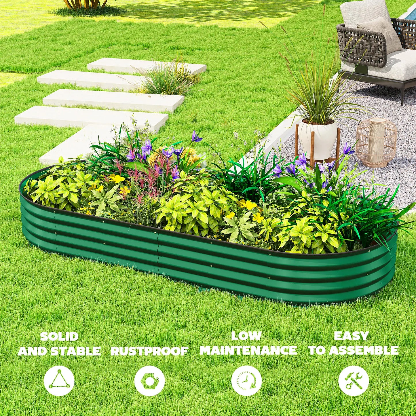 7' x 3' x 1' Parterre de jardin surélevé galvanisé, Tuteur de plante métallique vert, Vert