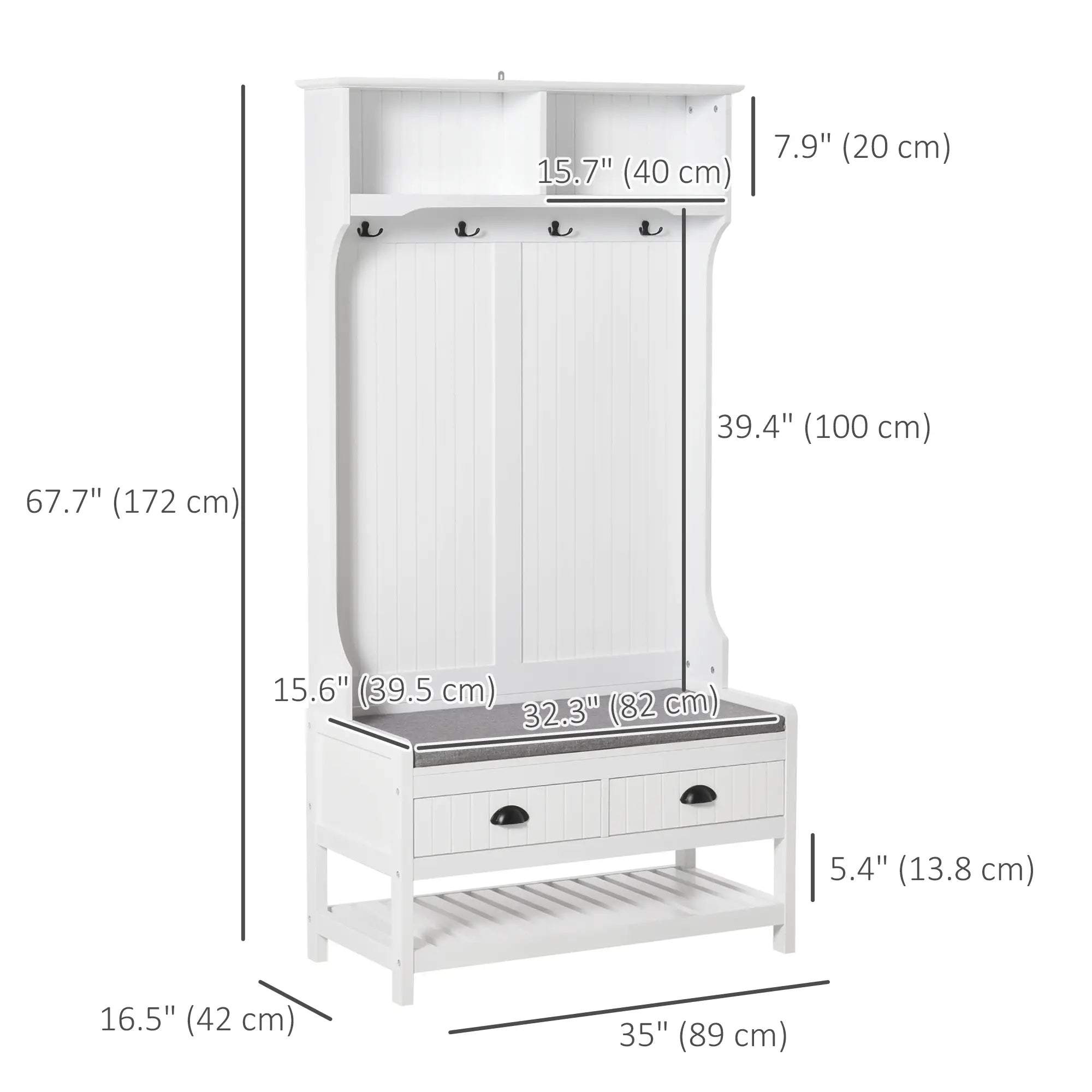 Coat Rack Shoe Bench, Entryway Storage with 4 Hooks, 2 Drawers, 2 Shelves, White Clothing Storage at Gallery Canada