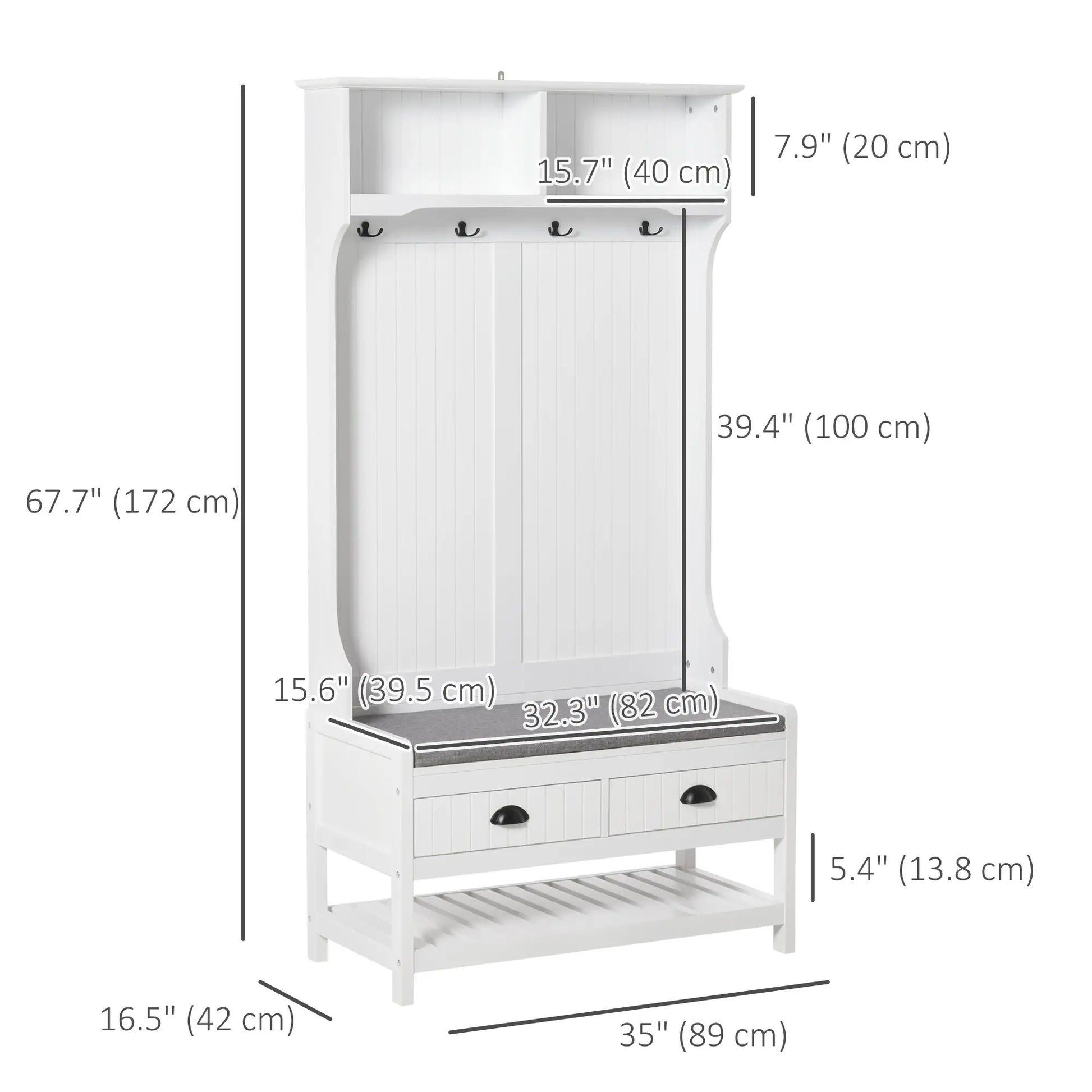 Coat Rack Shoe Bench, Entryway Storage with 4 Hooks, 2 Drawers, 2 Shelves, White Clothing Storage at Gallery Canada