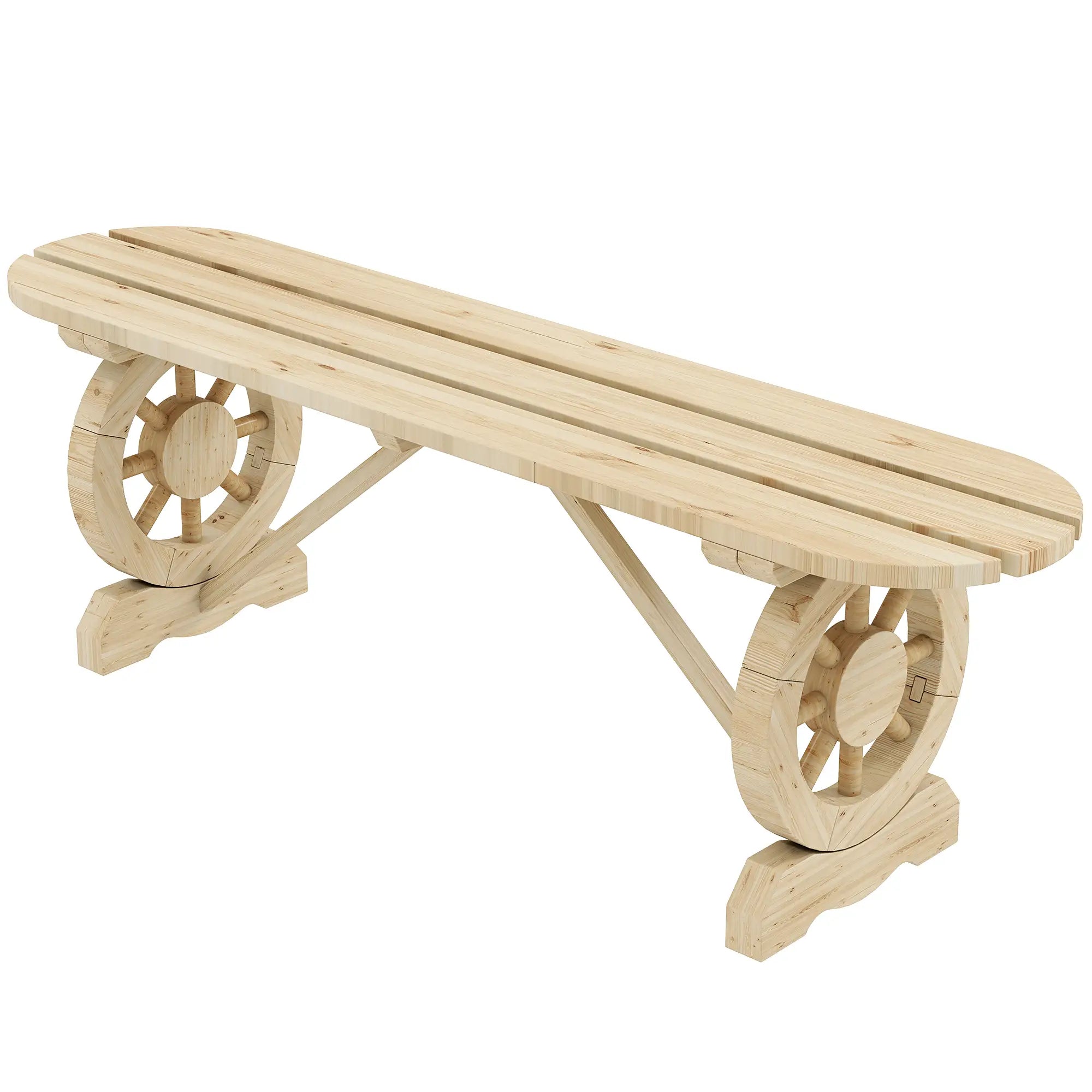 2-Person Wood Garden Bench, Wagon Wheel Legs, Slatted Seat, Natural Wood Outdoor Benches Natural at Gallery Canada