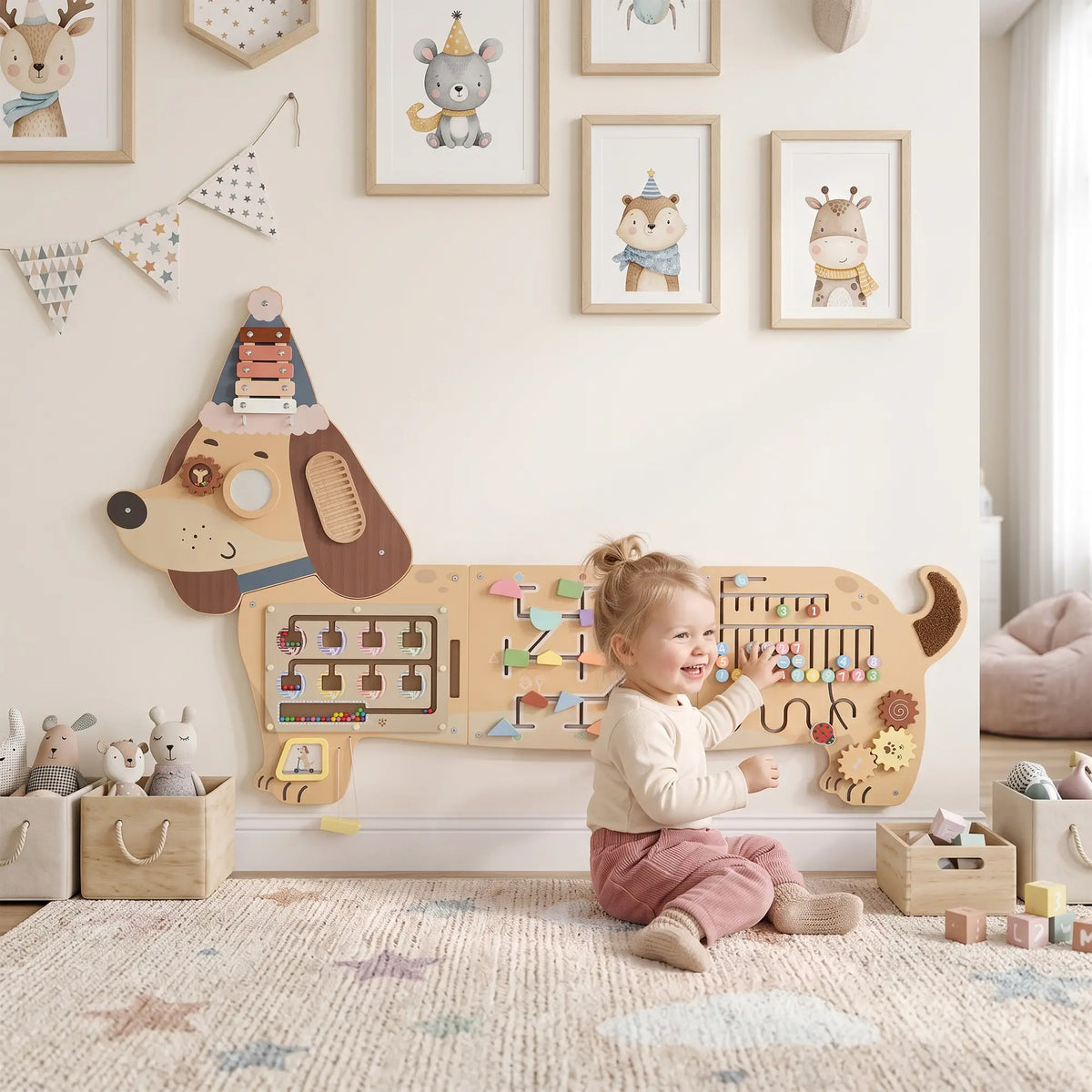 Tableau d'activités mural en bois, Panneau sensoriel Montessori, Teckel, Tout-petit